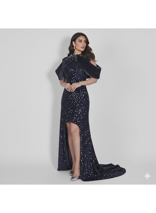 FULL JOY Elegant Long Dress with Soft Fur Detailing on the Shoulders for added Elegance and Beauty - Image 2